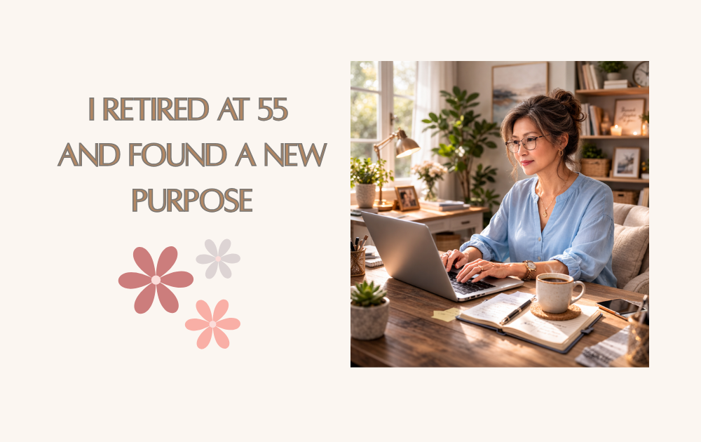 A woman that is retired at 55, working on her laptop