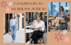 Woman in her fifties wearing jeans in different styles