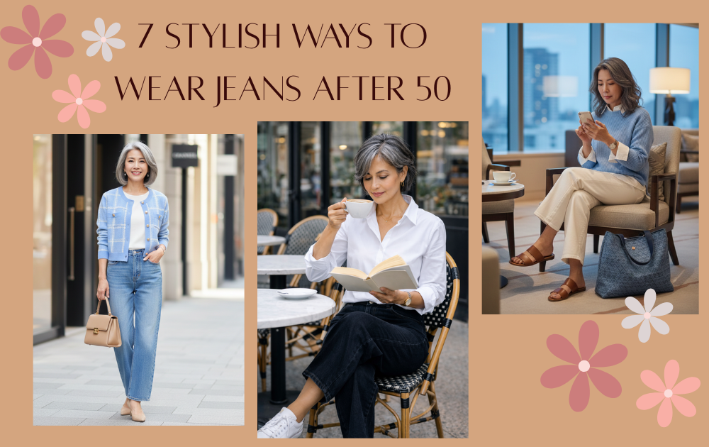 Woman in her fifties wearing jeans in different styles