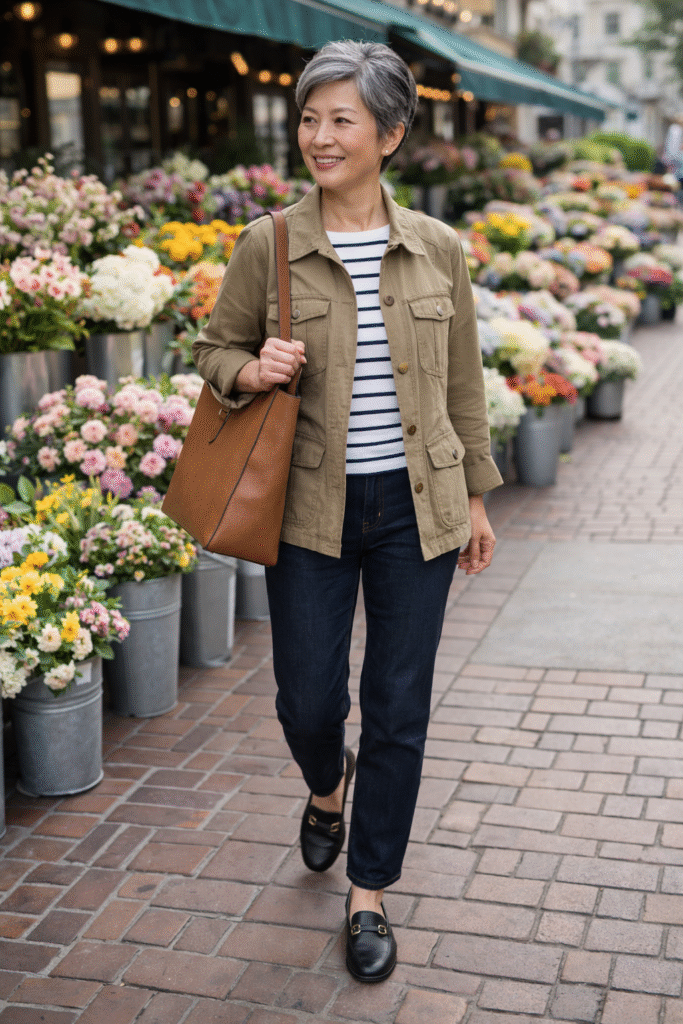 Spring transition outfit for women over 50 wearing jeans, striped top, utility jacket, and loafers