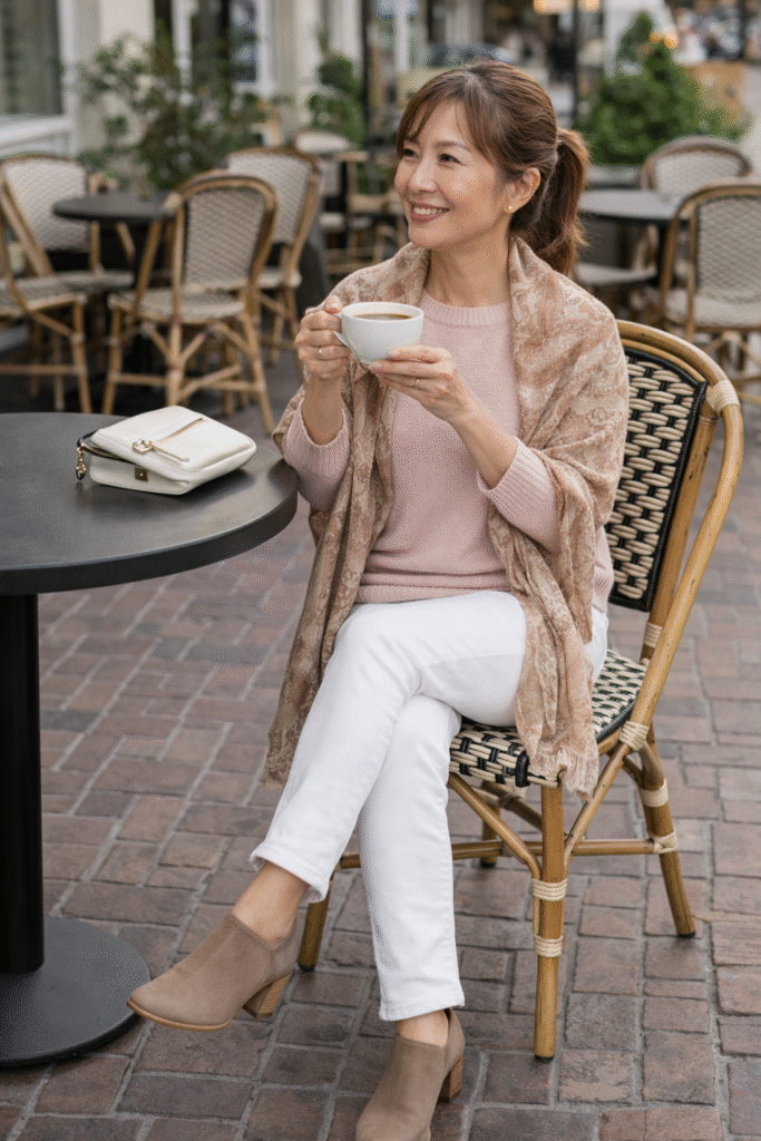 Soft sweater with white jeans and flats spring outfit for women over 50