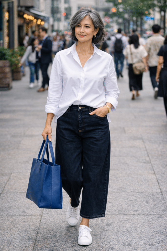 Casual weekend outfit for woman over 50 wearing cropped baggy jeans with white top and white sneakers
