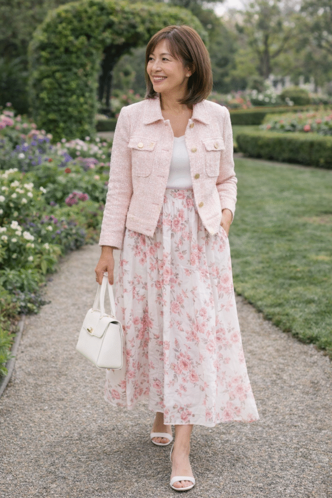 Floral maxi skirt with denim jacket spring outfit for women over 50