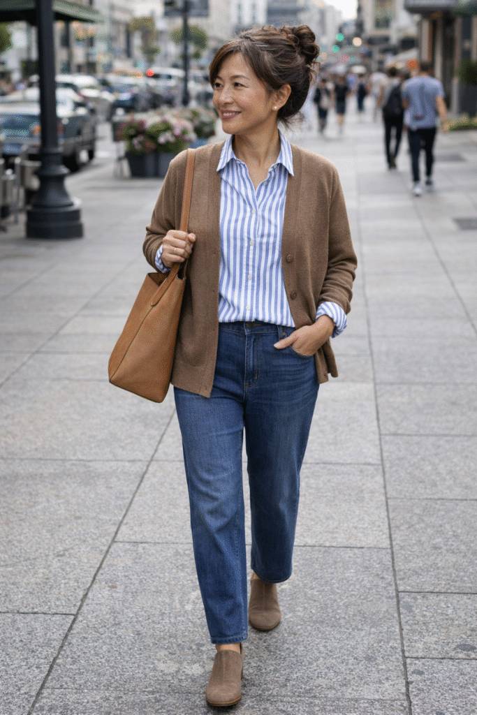Striped button-down shirt with cardigan and dark jeans for women over 50 spring outfit