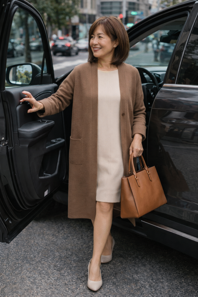 Neutral shift dress with coatigan for spring transition outfit women over 50