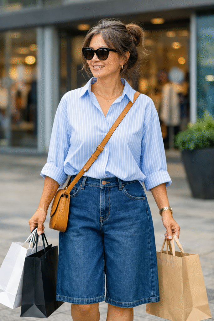 Woman over 50 styled in wide-leg shorts and pin stripe top for a weekend shopping 