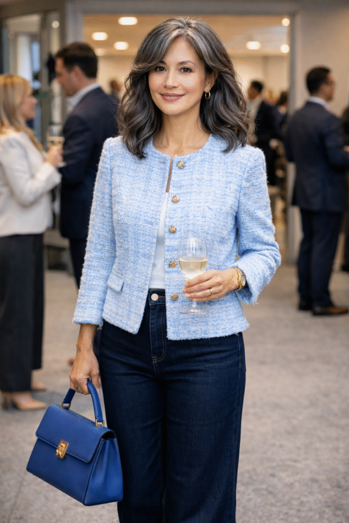 Straight-leg jeans outfit for woman over 50 paired with tweed jacket and ballet flats.
